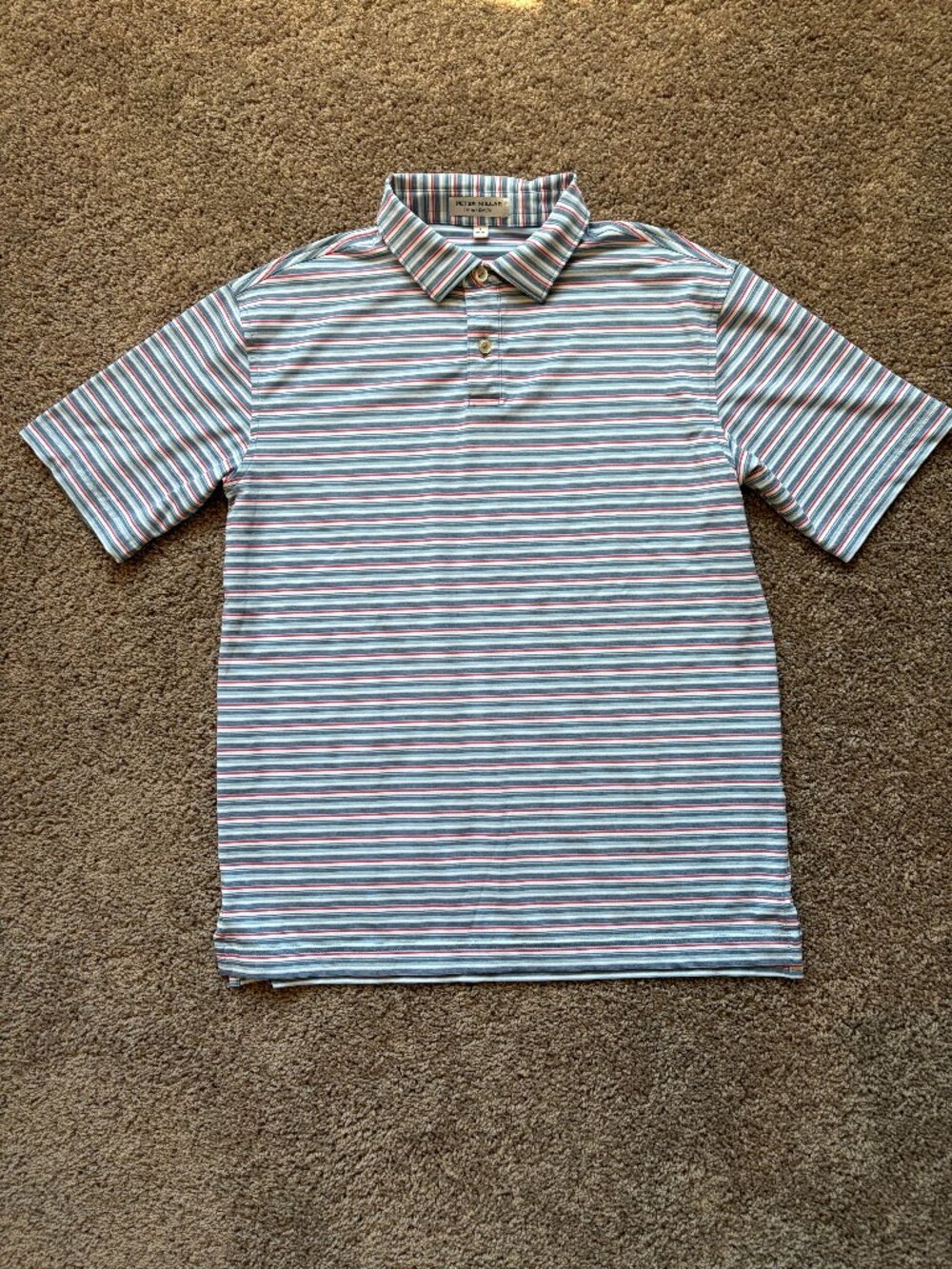 Peter Millar Boy's Youth Performance Jersey Polo, Size L (11-12) blue/red stripe